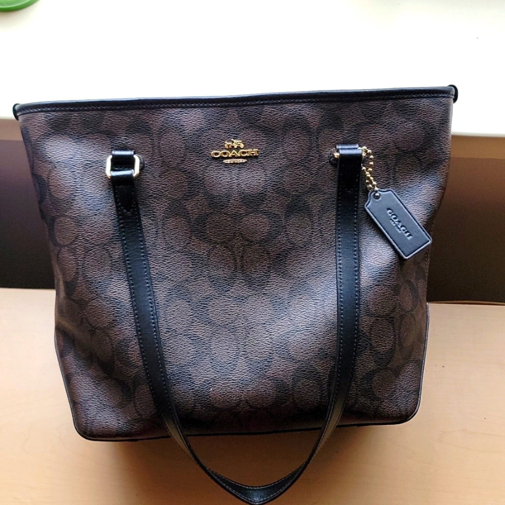 Coach Signature Top Zip Tote - Dark Brown